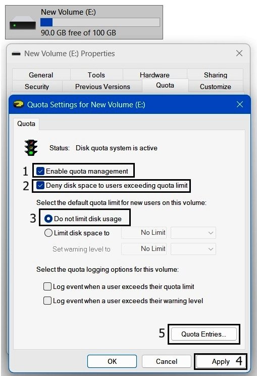 Quota Settings window showing quota management and disk-space denial enabled while the default quota remains set to Do not limit disk space.