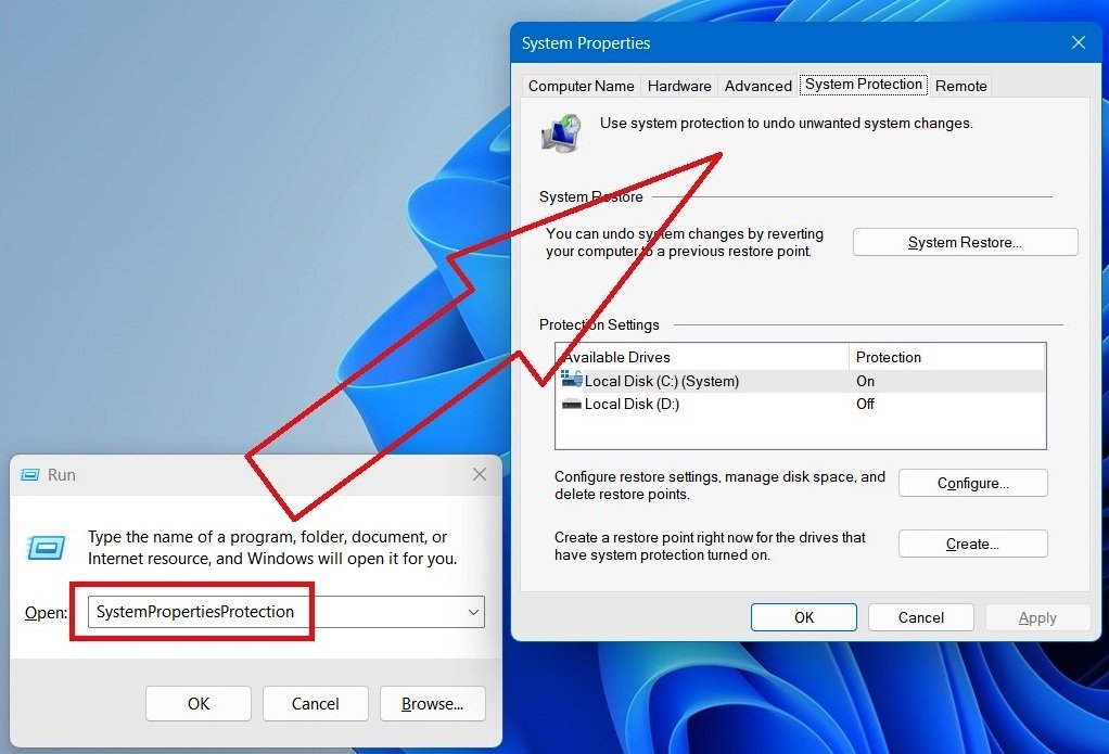 Windows Run dialog box with SystemPropertiesProtection typed in the open field