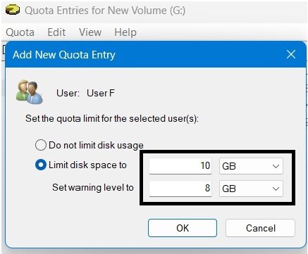 Quota Entry Properties showing User F with a 10 GB quota limit and 8 GB warning level