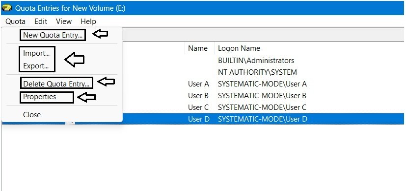 Quota Entries window with the Quota menu expanded, showing New Quota Entry, Import, Export, Delete, and Properties options