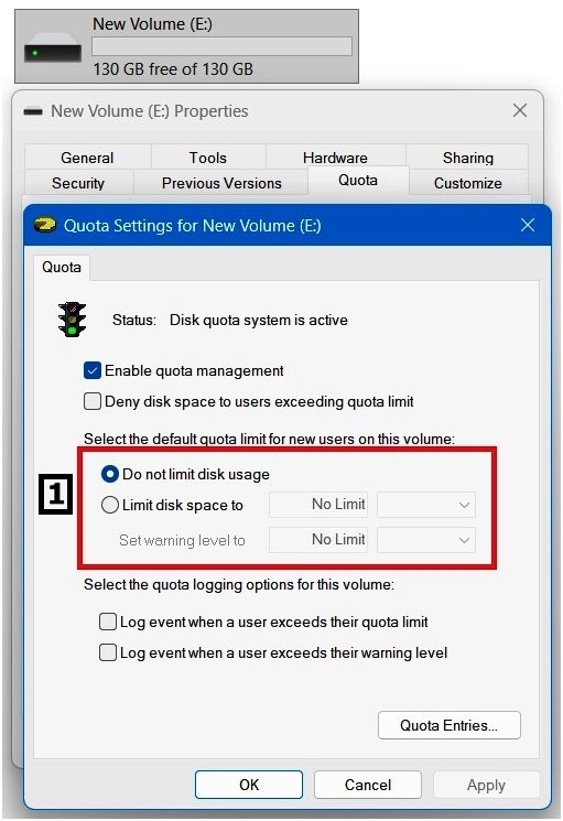 Windows 11 Quota Settings window highlighting the default quota limit and warning level options