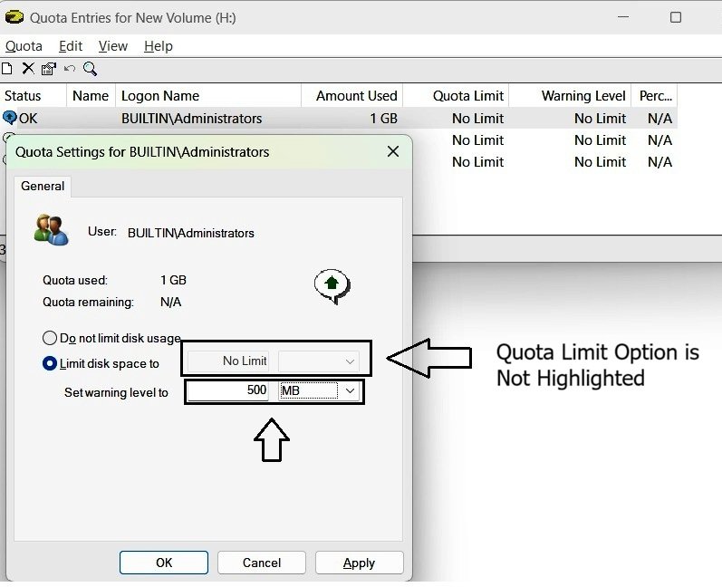 Quota Entry Properties showing the Limit disk space option unavailable for the administrative entry