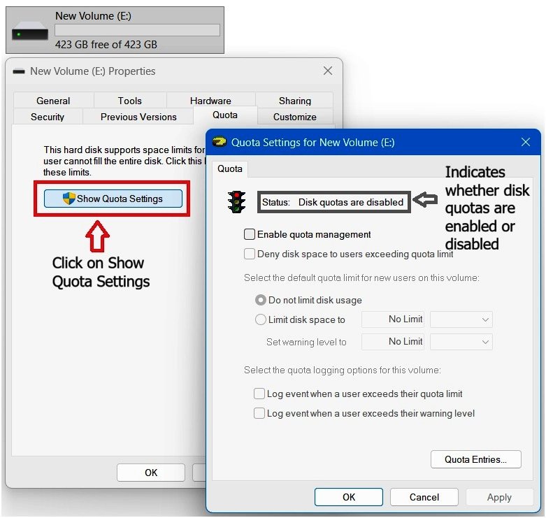 Quota Settings for [volume] window highlighting the Status field showing 'Disk quotas are disabled'