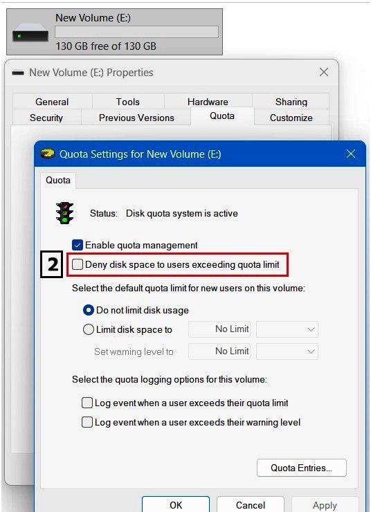 Windows 11 Quota Settings showing "Deny disk space to users exceeding quota limit" checkbox highlighted