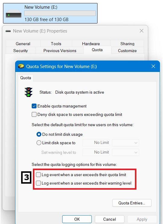Windows 11 Quota Settings showing two logging checkboxes highlighted