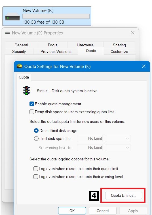 Windows 11 Quota Settings showing the "Quota Entries" button highlighted