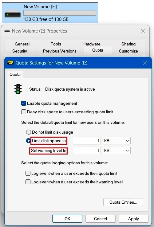 Windows 11 Quota Settings showing "Limit disk space to" selected and "Set warning level to" field now active
