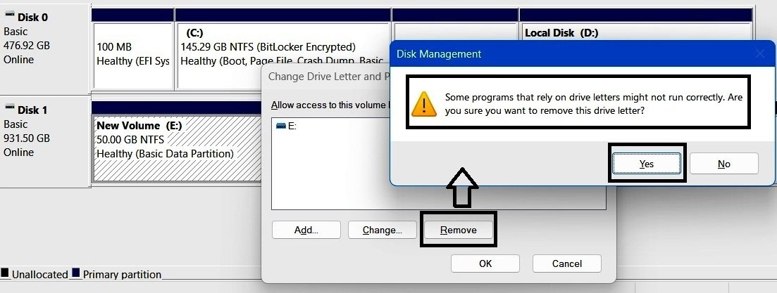 Disk Management warning dialog when removing a drive letter.