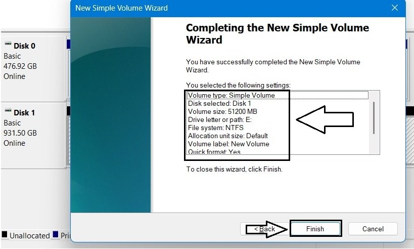 New Simple Volume Wizard completion screen showing a summary of all selected volume settings.