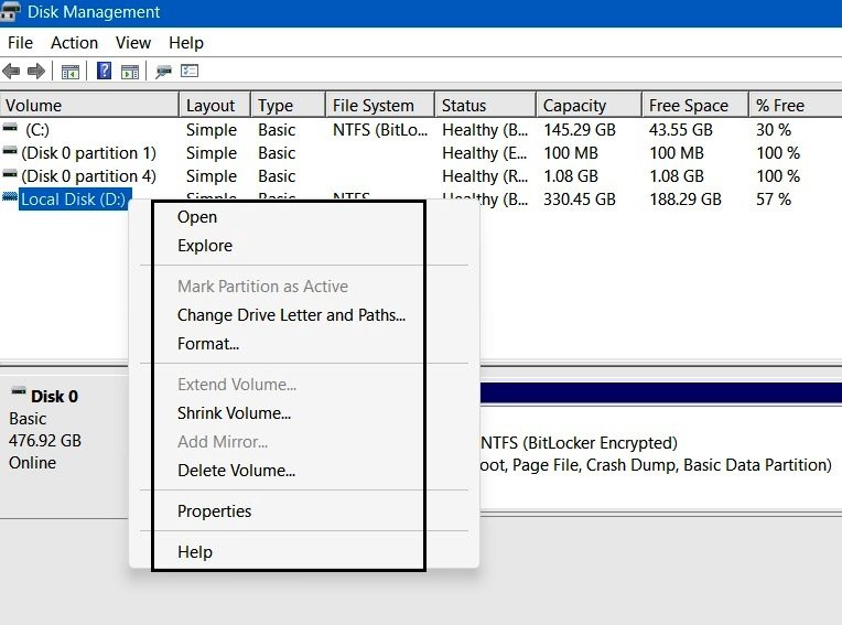 Disk Management List View right-click menu on the D partition showing active management options.
