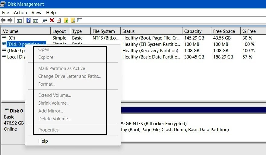 Disk Management List View right-click menu on the EFI System Partition showing all options disabled.