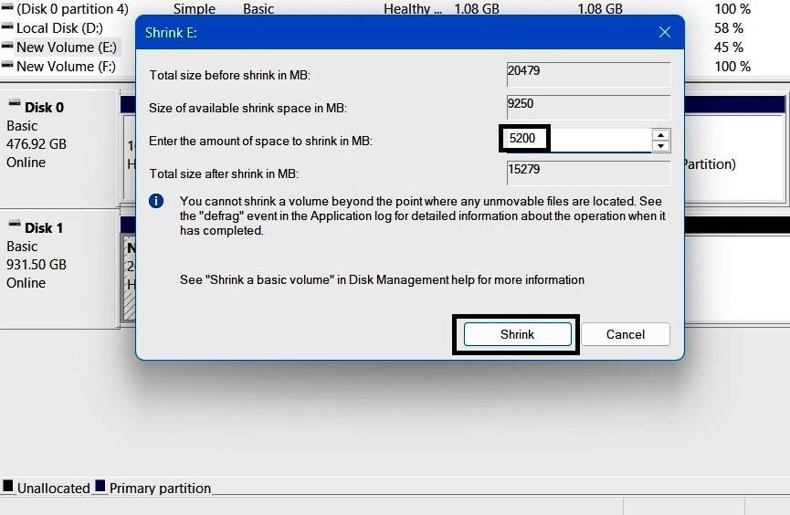 Disk Management Shrink E dialog showing available shrink space of approximately 9 GB, with 5 GB entered to shrink.