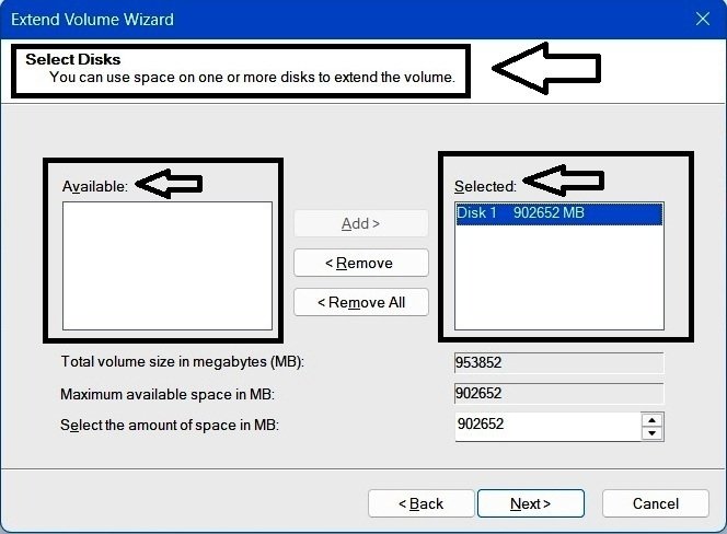 Extend Volume Wizard Select Disks screen showing the multi-disk message and the Available/Selected disk columns.