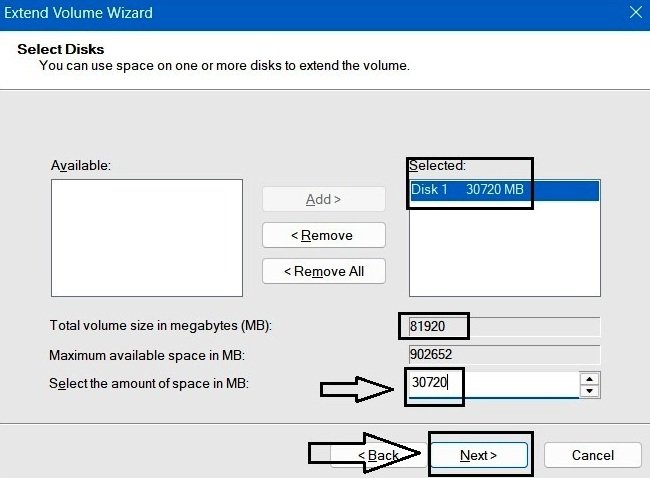 Selecting 30 GB as extend size, changed the total volume size to 80 GB