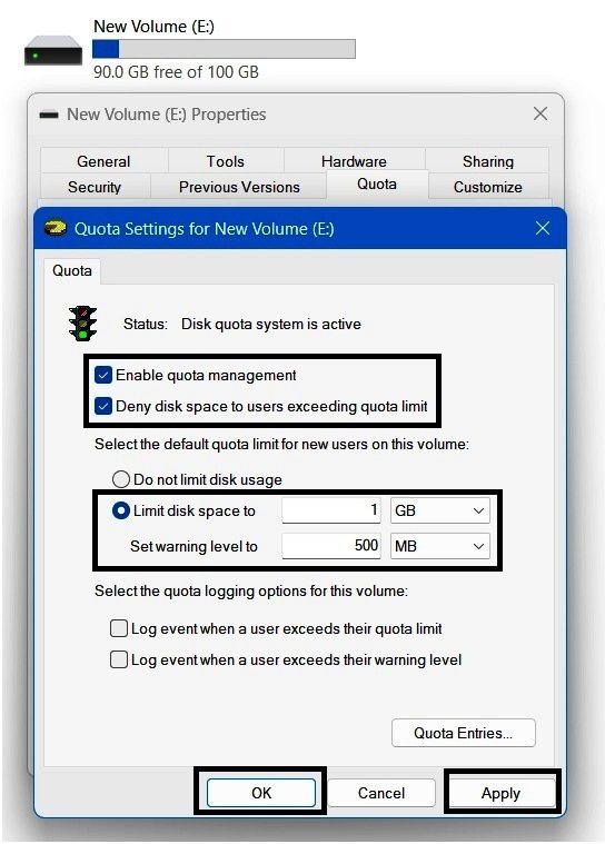 Quota Settings window showing a 1 GB default quota limit and 500 MB warning level.
