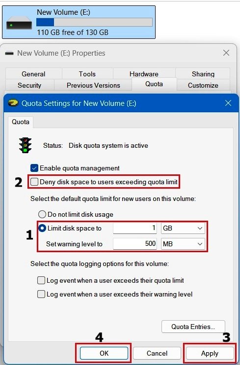 Windows 11 Quota Settings window showing a 1 GB default quota limit, 500 MB warning level, and disabled quota enforcement