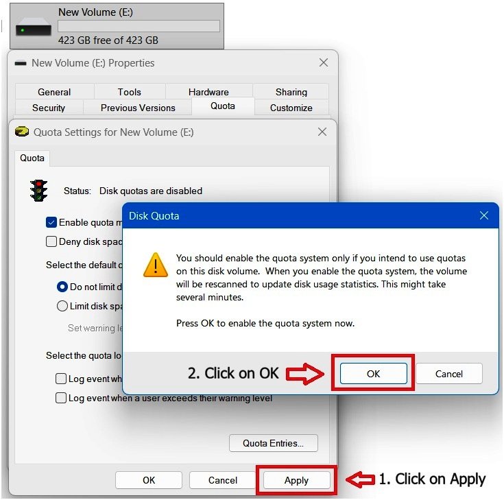 Windows 11 Quota Settings window with the Enable quota management option selected and a warning dialog asking to continue