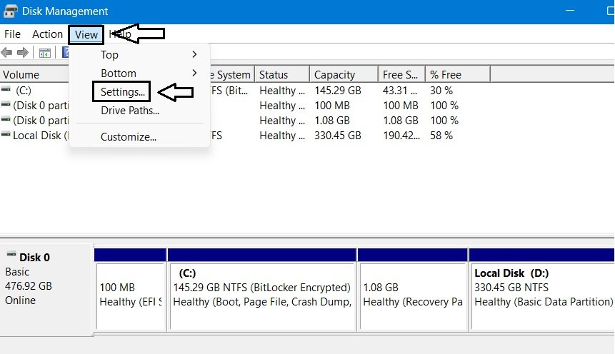 Disk Management View menu with Settings option highlighted.
