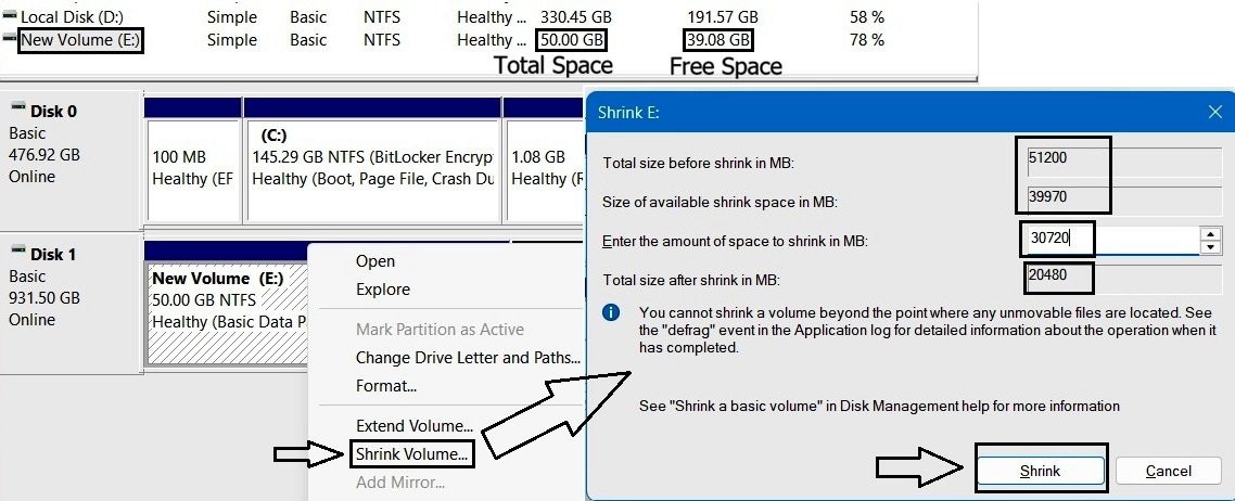 Disk Management Shrink E dialog showing total size, available shrink space, amount to shrink, and resulting size fields.