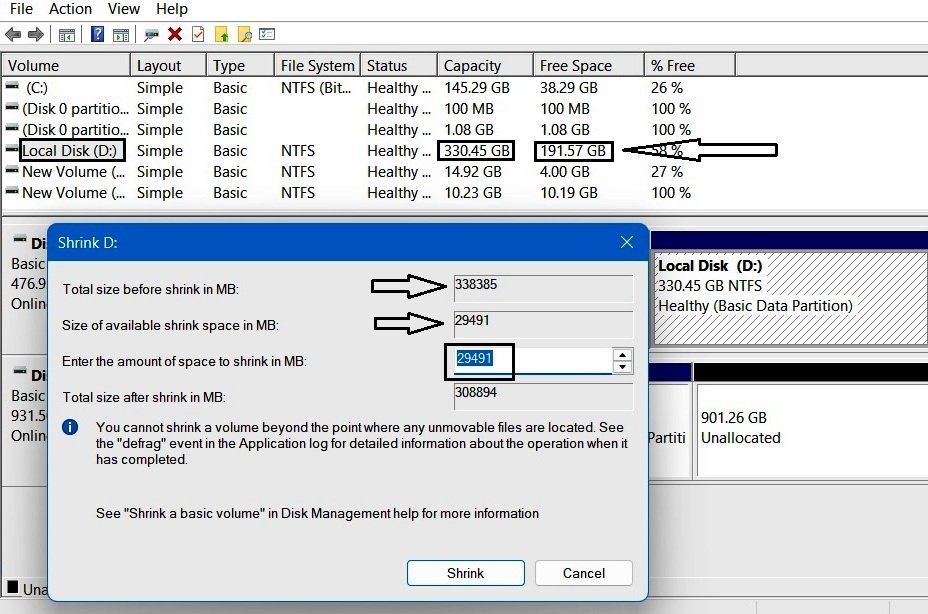 Disk Management Shrink D dialog showing total size and available shrink space fields.