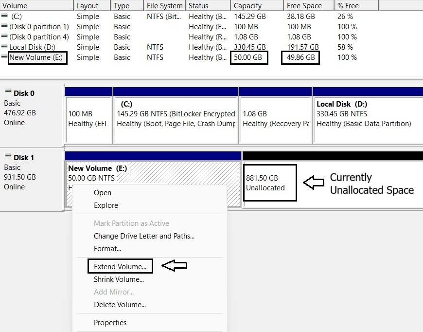 Disk Management right-click menu showing Extend Volume option on Volume E, with 881.50 GB unallocated space visible.
