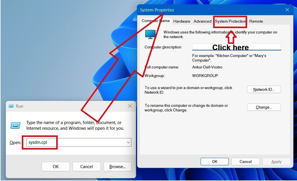 Windows 11 System Properties window opened using the sysdm.cpl Run command, showing the System Protection tab as one of the available tabs.