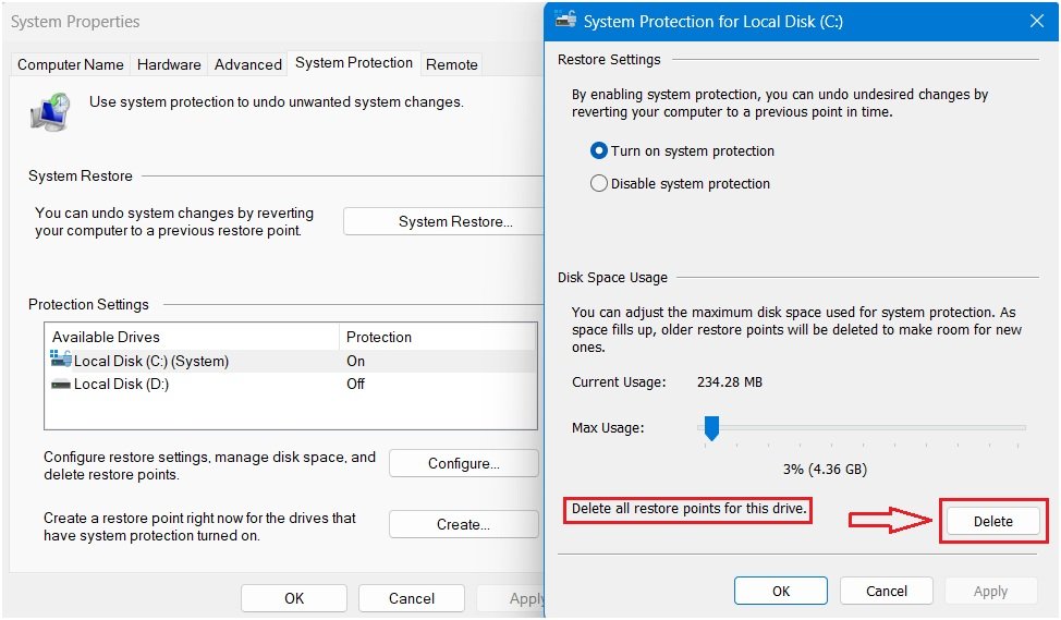 Windows 11 System Protection configuration window showing the Delete all restore points option