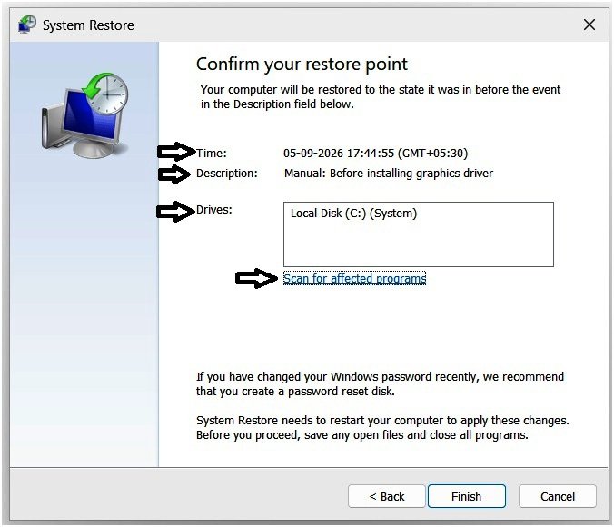 Windows 11 System Restore final confirmation screen with time, description, drive, and Finish button