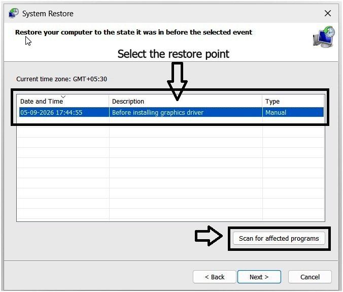 Windows 11 System Restore restore point selected, with Scan for affected programs button enabled