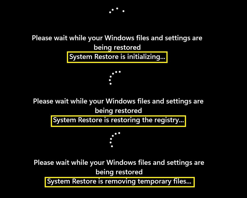 Sequence of Windows 11 System Restore progress messages including initializing, restoring registry, and removing temporary files.