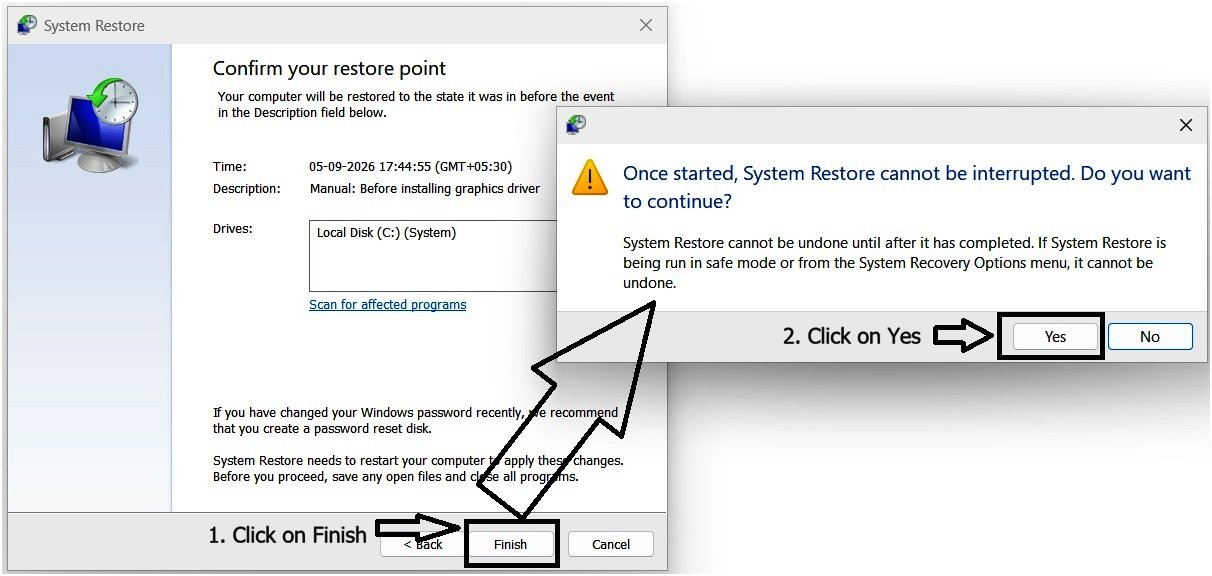 Windows 11 System Restore warning message stating the process cannot be interrupted once started