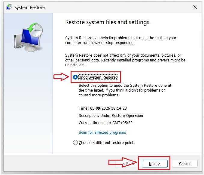 Windows 11 System Restore screen highlighting the Undo System Restore option and the alternate restore point option