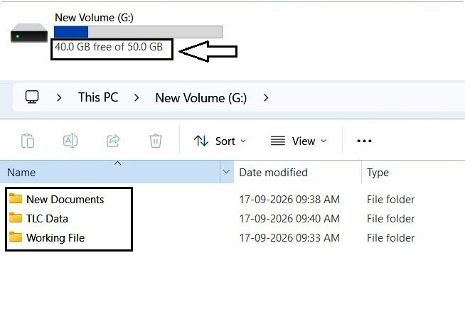 50 GB NTFS volume showing approximately 40 GB of physical free space and existing folders