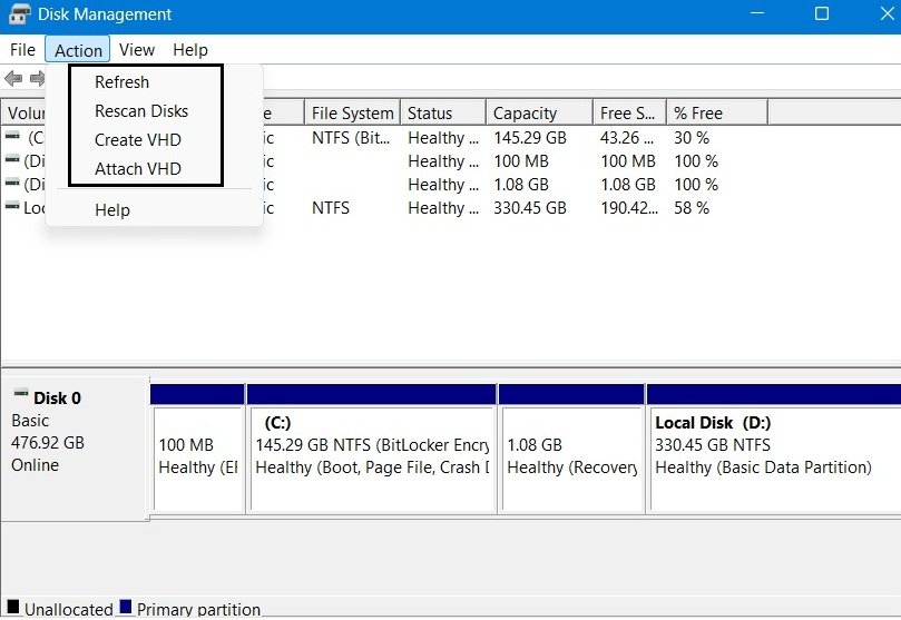 Disk Management Action menu showing Refresh, Rescan Disks, Create VHD, and Attach VHD options.