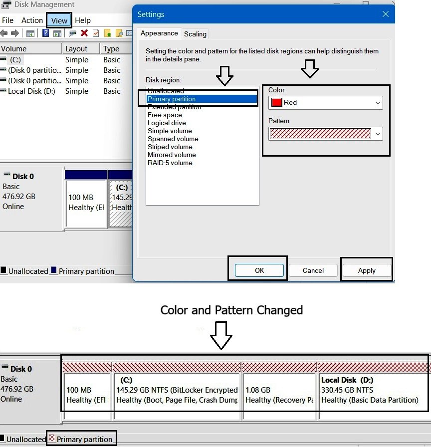 Disk Management Appearance settings showing color and pattern options for the Primary Partition region type.