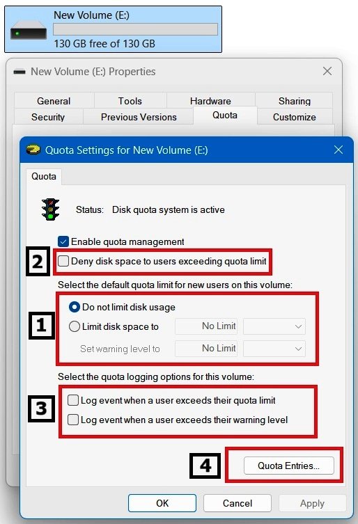 Windows 11 Quota Settings window with the main Disk Quota options divided into four numbered groups.