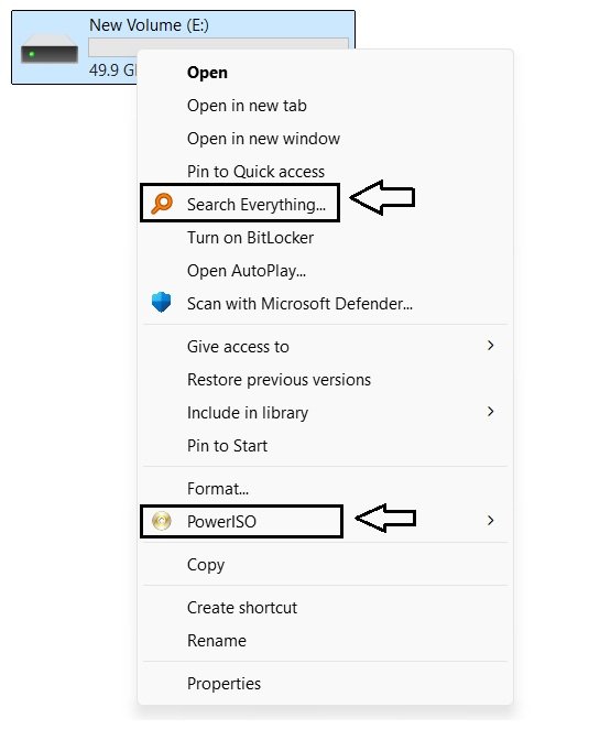 File Explorer right-click menu on the E drive with third-party software entries highlighted.