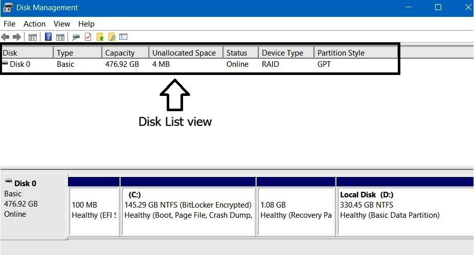 Disk Management top pane switched to Disk List view, showing Disk 0's properties