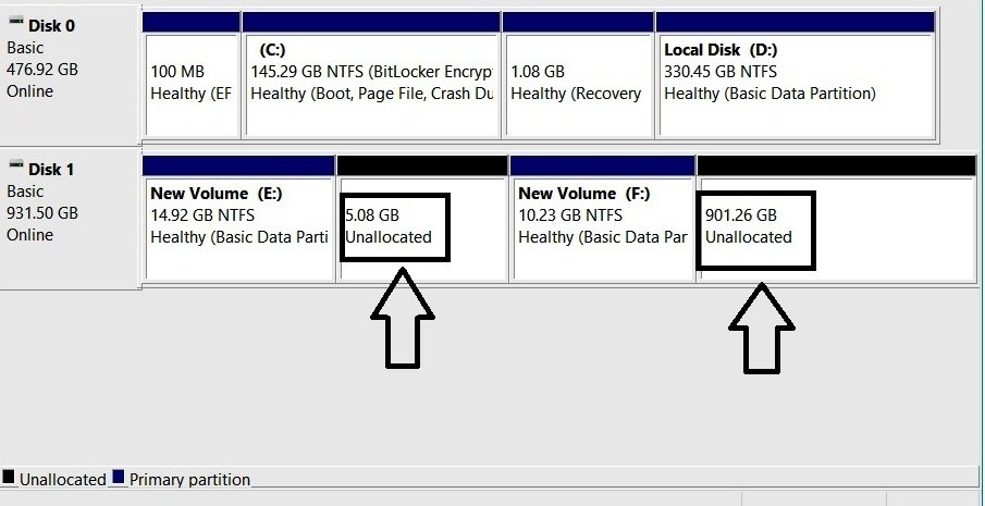 Disk Management graphical view showing a small 5 GB unallocated region between Volume E and Volume F, separate from the larger unallocated space beyond Volume F.