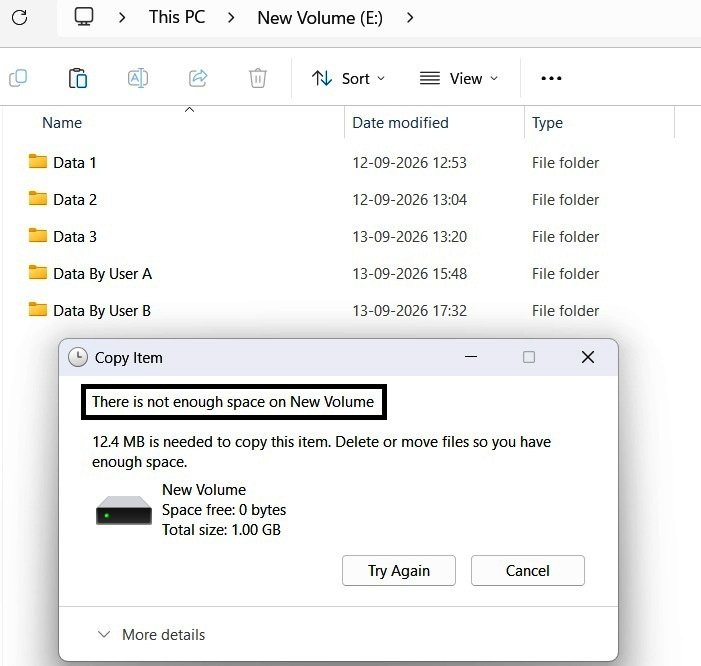 Windows displaying a not-enough-space message when User A attempts to copy additional data after reaching the 1 GB quota limit.