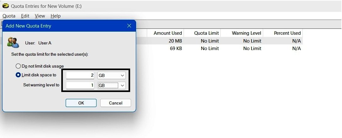 Add New Quota Entry window showing a 2 GB quota limit and 1 GB warning level for User A