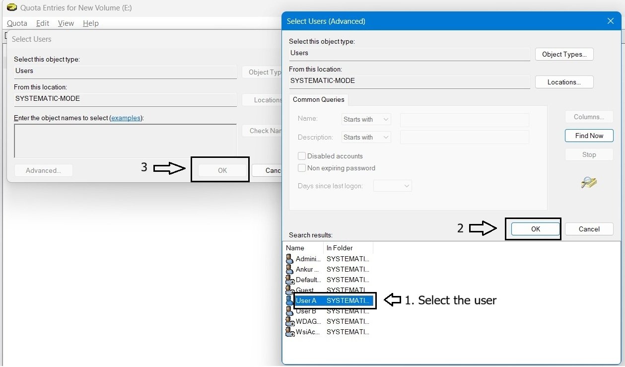 Select Users window showing User A selected for a new quota entry.