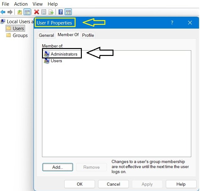 Windows account management interface showing User F as a member of the Administrators group