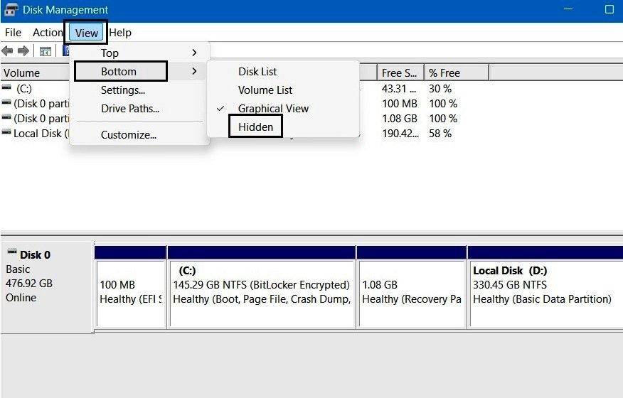 Disk Management View menu showing the Bottom submenu with Disk List, Volume List, Graphical View, and Hidden options