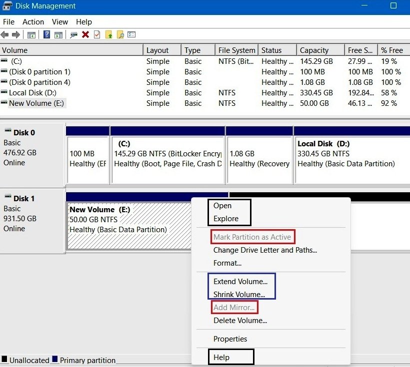 Disk Management graphical view showing the right-click context menu on the new E volume.