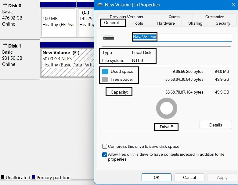 General tab of a volume's Properties window.