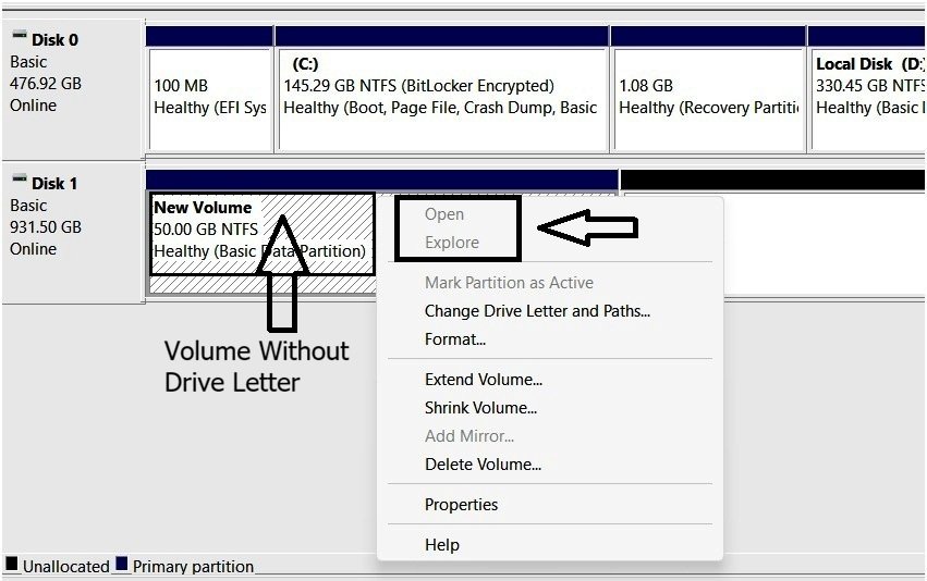 Disk Management right-click menu showing Open and Explore disabled after removing the drive letter.