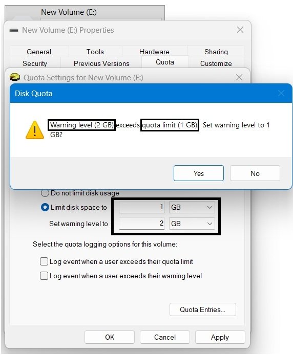 Warning dialog reading "Warning level (2 GB) exceeds quota limit (1 GB). Set warning level to 1 GB.