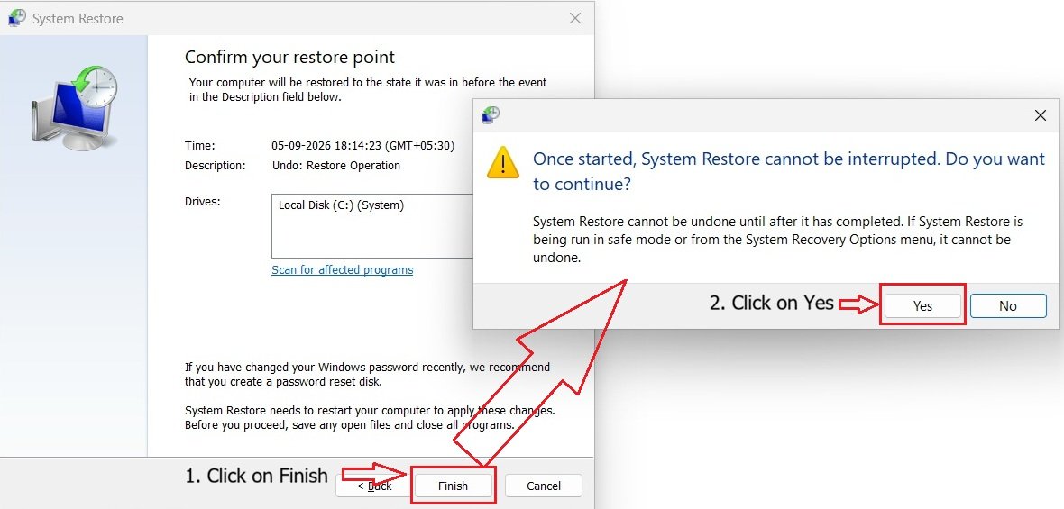 Windows 11 warning dialog confirming the undo restore process should not be interrupted