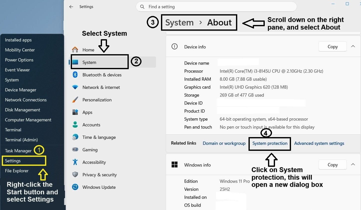 Windows 11 About settings page showing the Related links section with System Protection, Domain or workgroup, and Advanced system settings options.